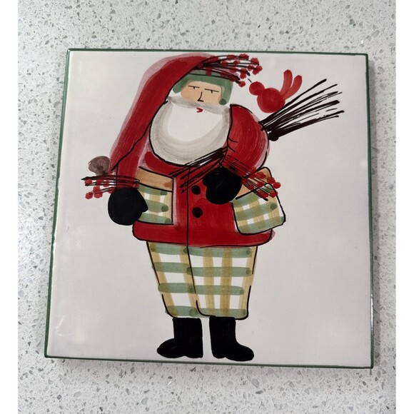 Vietri Old St Nick 8” Square Trivet Hand Painted Green Border Wood Pile Italy - Picture 1 of 9